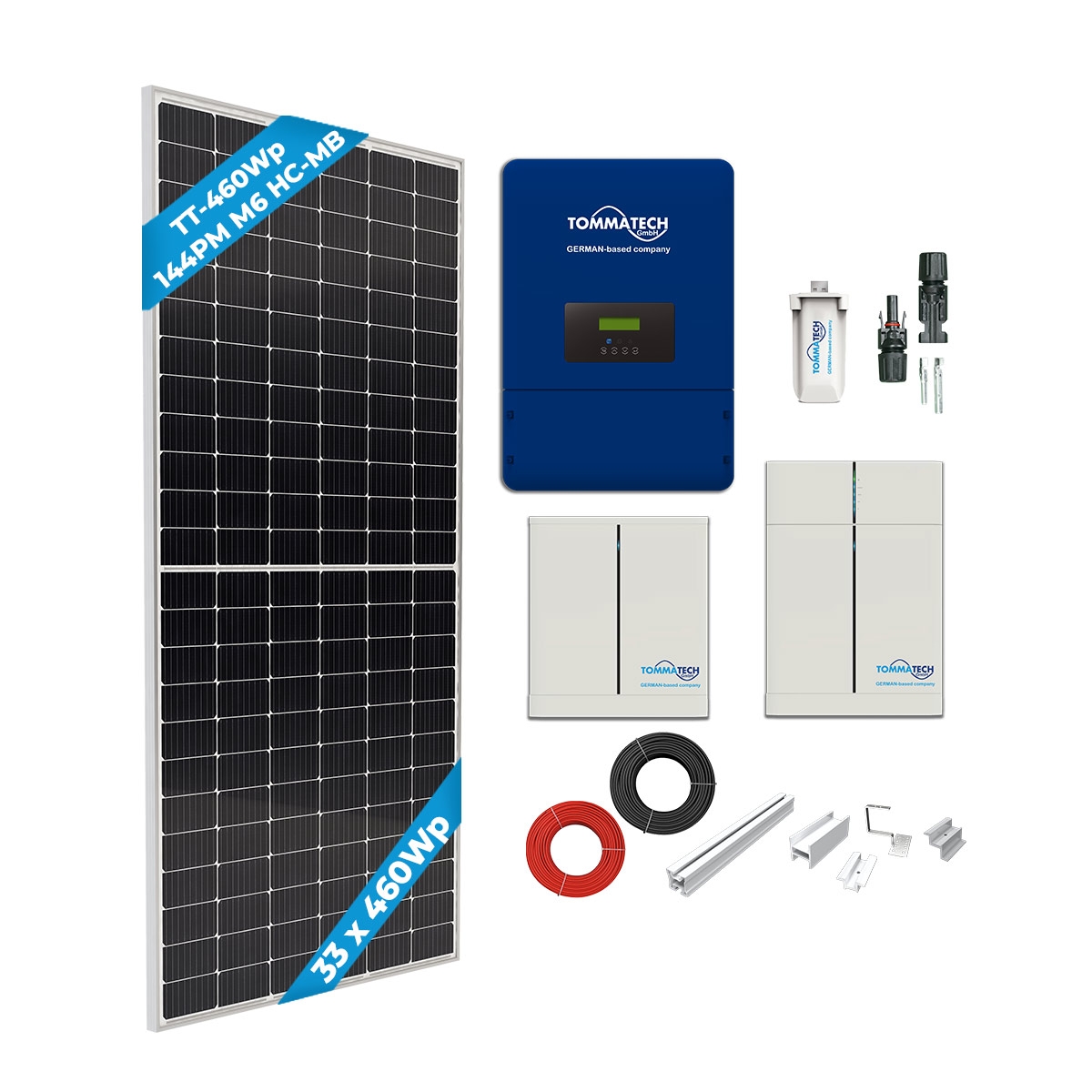 TommaTech 15kWe Tile Roof Three Phase Hybrid Solar Package